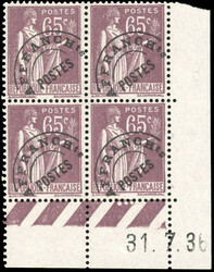 65c. Purple-brown Peace type. Block of 4. Full corner of sheet dated ...