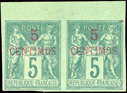 5c. on 5c. green. Pair Imperforate. Top sheet margin. Superfine. ...