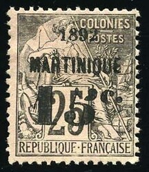 05c. on 25c. black or pink. "5" leaning. Very Fine. (Estimate 350€)