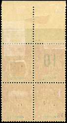 10 on 40c. red-orange holding 3 non-overprinted stamps in block of 4. ...