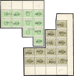 Tax stamps. + TX6A x 13. 5c. green, block 11, Top sheet margin + 20c. ...