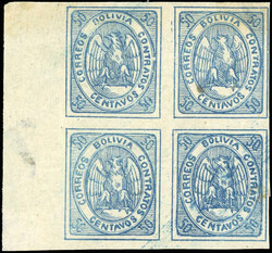 50c. blue. Reprint. Block of 4. Leaf edge. Slimmed down in the margins