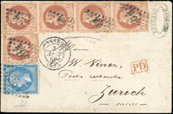 2tbsp. red-brown x 5 + 20c. blue cancelled GC 364 on letter stamped ...