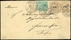 Pair of 10 on 10c. Lauré + 5c. Sage cancelled on letter stamped with ...