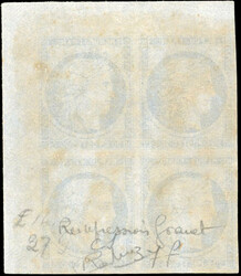 20c. blue. Block of 4. Corner of the sheet. Reprint Granet. ...