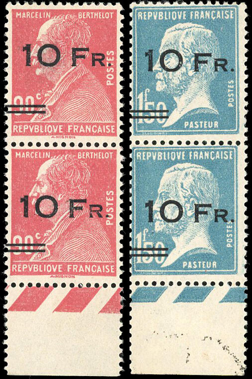 ILE DE FRANCE. 10F. on 90c. Berthelot + 10F. on 1F.50 Pasteur. Pairs ...