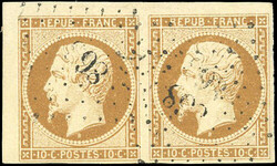 Pair of the 10c. bistre-jaune. cancelled PC. Corner sheet margin. ...