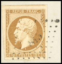 10c. bistre-jaune. cancelled PC on petit fragment. Very large margins ...