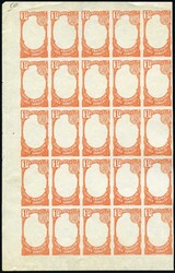 Essai du 1F. en Imperforate. Sans le centre. Feuille de 25 ex. ...