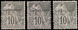 10c. noir on lilas. Variétés diverses : GUADBLOUPE, GUADELONPE et ...