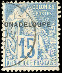 15c. bleu. Variété de surcharge "GNADELOUPE". cancelled SuperFine. ...