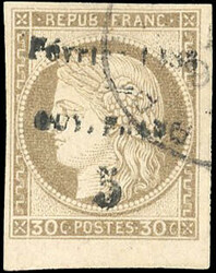 5c. on 30c. of 1872. cancelled partial overload. Sheet margin. Very ...
