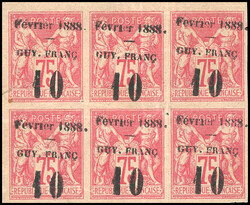 10c. on 75c. of 1877. Block of 6 with the numbers "1" and "0" spaced ...