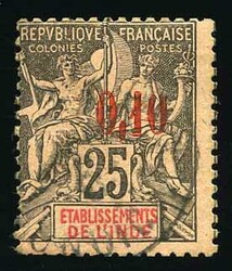 0,10 sur 25c. noir on rose. Surcharge carmin. cancelled Post mark. ...