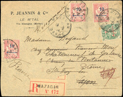 5c. on 5c. green-blue + 10c. on 10c. rose x 3 cancelled on letter ...