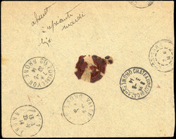 5c. on 5c. green-blue + 10c. on 10c. rose x 3 cancelled on letter ...