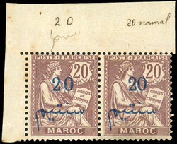 20c. on 20c. lilac-brown. Pair including 1 stamp, numerals discarded. ...