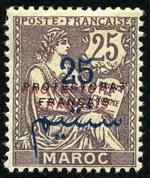 25c. on 25c. violet-brun. Double surcharge en rouge et noir. Very ...