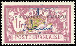 1p. on 1F. lie-de-vin et olive. Double surcharge. Very Fine. (Prix ...