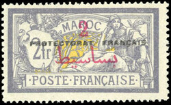 2p. on 2F. violet-brun et jaune. Double surcharge "PROTECTORAT ...