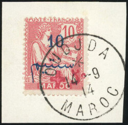 +5c. on 10c. red. Overload Red Cross Oujda, on fragment bearing the ...