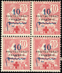 +5c. on 10c. rose. 2 Blocs de 4 avec variété Barre de 5 droite. Un ...