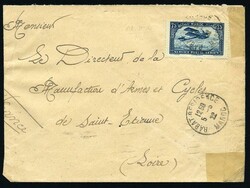Airmail. 75c. blue cancelled on letter stamped with the Post mark ...