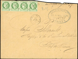 5c. green, baImperforatee of 4, cancelled Pen on letter stamped with ...