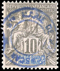 Stamp of DIEGO SUAREZ n°29, 10c. black on lilac cancelled of the ...