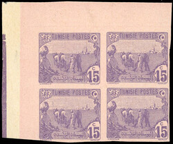 15c. purple. Imperforate. Block of 4. Corner sheet margin. Very Fine. ...
