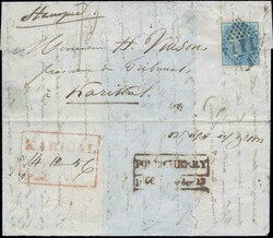 POImperforateICHERY. 1/2 anna on letter bearing the rectangular red ...