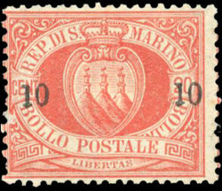 10c. on 20c. red. Fine. (Estimate 350€)