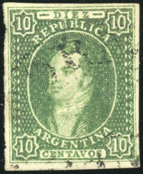 10c. green. Rivadavia. cancelled Very Fine. (Estimate 1600€)