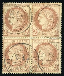 2c. reddish-brown. Block of 4. cancelled from the Post mark of PARIS ...