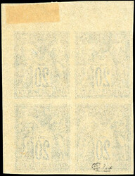 20c. turquoise. Block of 4. Imperforate. Corner sheet margin. ...