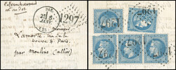 20c. Lauré (x4) + 20c. Bordeaux cancelled GC 1297 au verso d'une ...