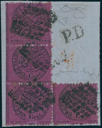 1868, 20 C., schwarz a. "magenta", Viererblock in Stuhlform, auf ...