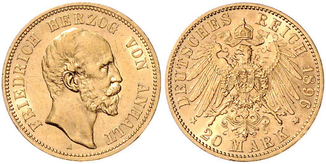 ANHALT, Friedrich I., 20 Mark, Gold, 1896 A, sehr schön-vorzüglich, ...