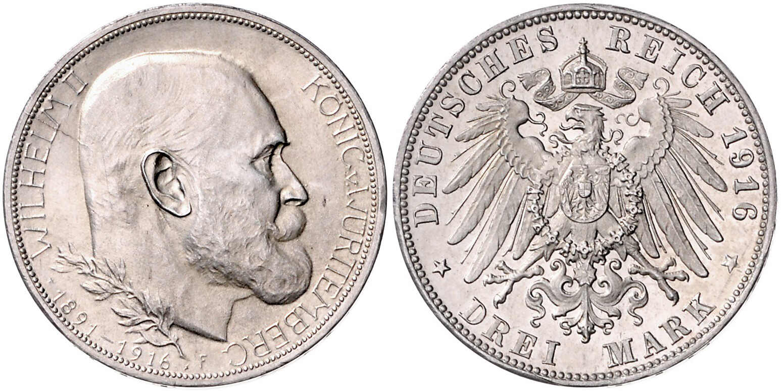 WÜRTTEMBERG, Wilhelm II., 3 Mark, 1916, zum 25-jährigen ...