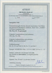 1920, Bayern-Sarre, 14 W. kpl., dabei die 5 Mk. mit der sehr seltenen ...