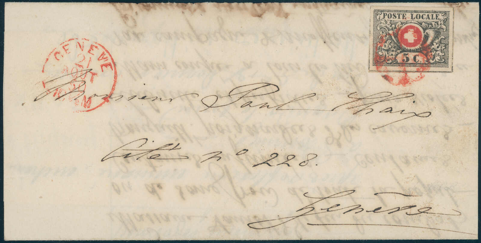 1850, Waadt, 5 C., grauschwarz/bräunlichrot, allseits breitrandig ...