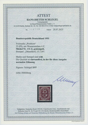 1951, Posthorn, 25 Pfg., dunkelbraunkarmin, mit Wasserzeichen 4Z ...