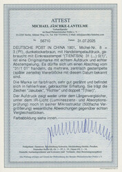 1900, China-Handstempel, 3 Pfg., dunkelockerbraun, sauber gestempelt ...