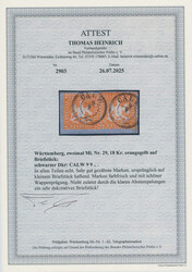 1864, 18 Kr., gelblichorange, zwei Stück auf Briefstück, als Paar ...