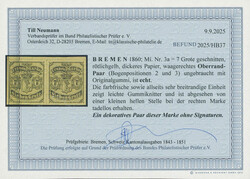 1860, 7 Gr., schwarz a. rötlichgelb, waagerechtes Paar vom Oberrand, ...