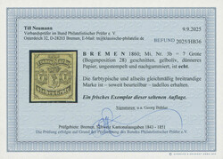 1860, 7 Gr., schwarz a. gelboliv, allseits breitrandig geschnitten, ...