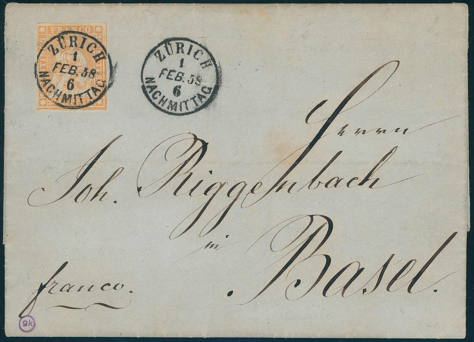 1856, Strubel, 20 Rp., gelblichorange, Berner Druck, 1. Druckperiode, ...