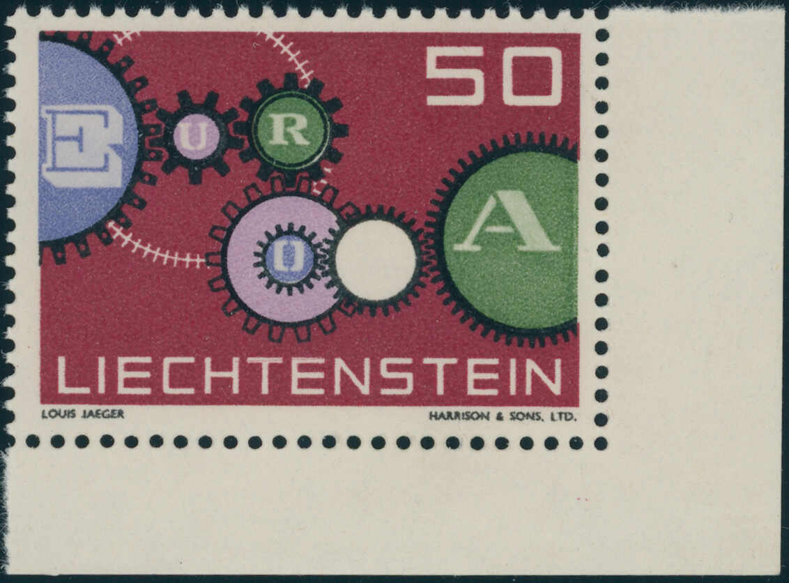 1961, Europa, 50 Rp., 1. Auflage, mit Abart "Farbe Orange (Zahnkranz ...