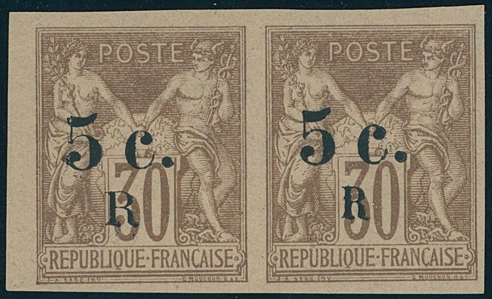 1885, Freimarke der Franz. Kolonien, 30 C., braun, mit Aufdruck "5 c ...