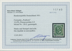 1951, Posthorn, 10 Pfg., dunkelgrün, Wasserzeichenabart mit ...